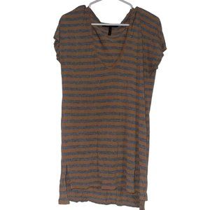 BCBGMAXAZRIA V Neck T Shirt Top Size Small Gray Muted Yellow Brown Stripe
